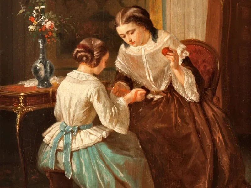 1824-Jean-Baptiste Jules Trayer - Madre e figlia che arrotolano la lana